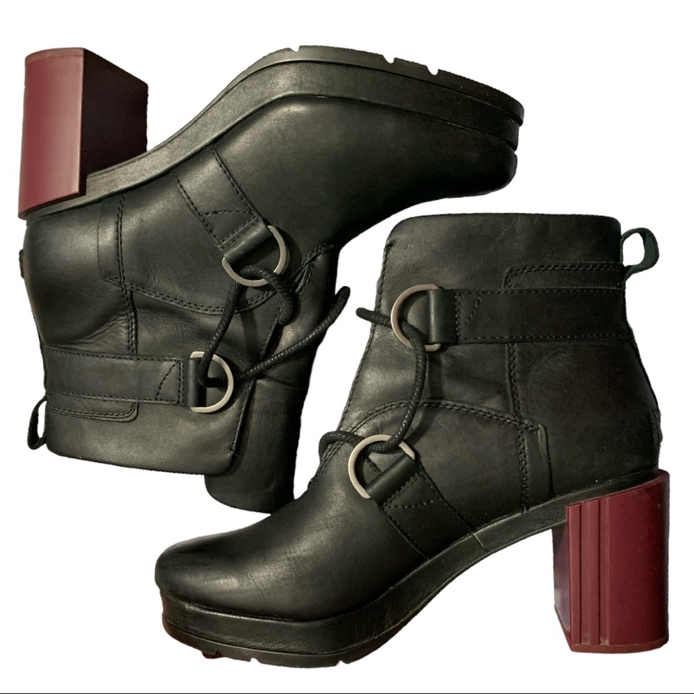 SOREL MARGO Leather Black  Pink Block Heel Ankle  Water proof Boots Size 9.5